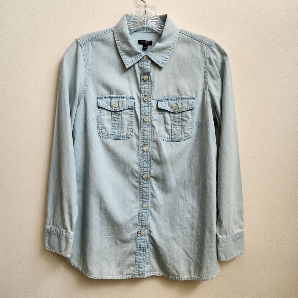 TALBOTS Shirt Womens P Petite Blue Chambray Collared Button Up Pockets Cotton